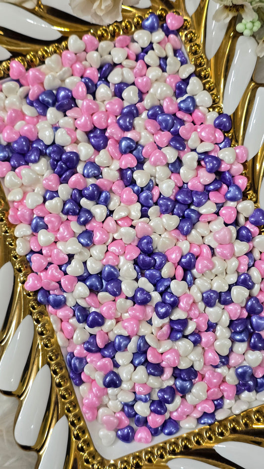 Shimmering Heart Pearl Sprinkles Mix – Lavender, Pink & White Edible Decors