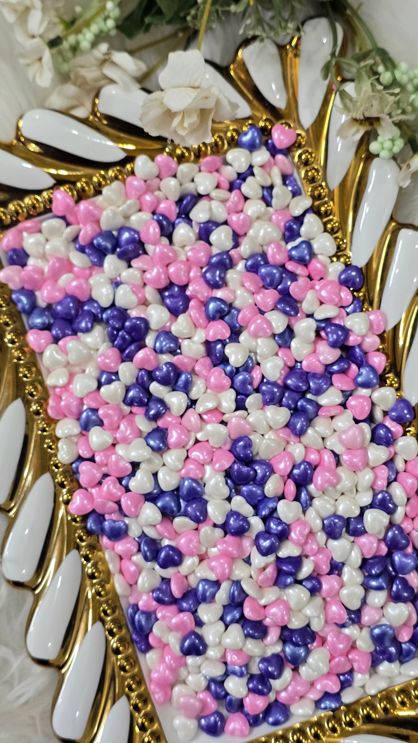 Shimmering Heart Pearl Sprinkles Mix – Lavender, Pink & White Edible Decors