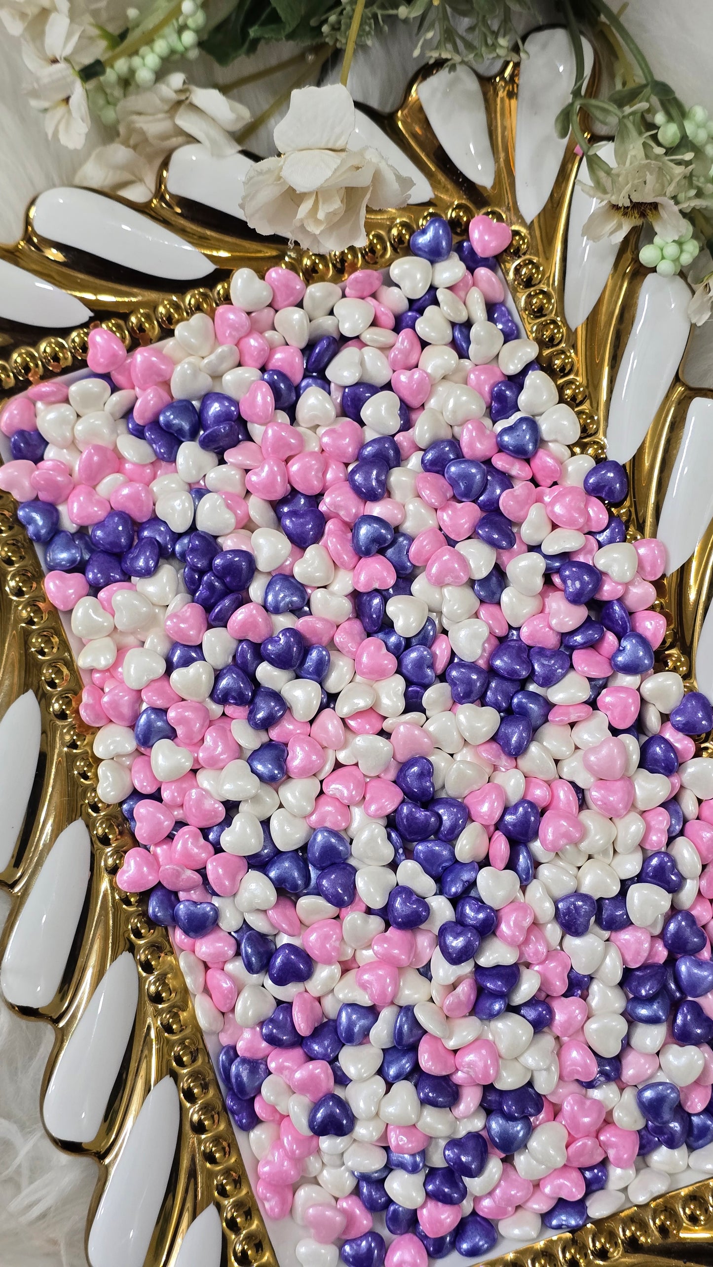 Shimmering Heart Pearl Sprinkles Mix – Lavender, Pink & White Edible Decors