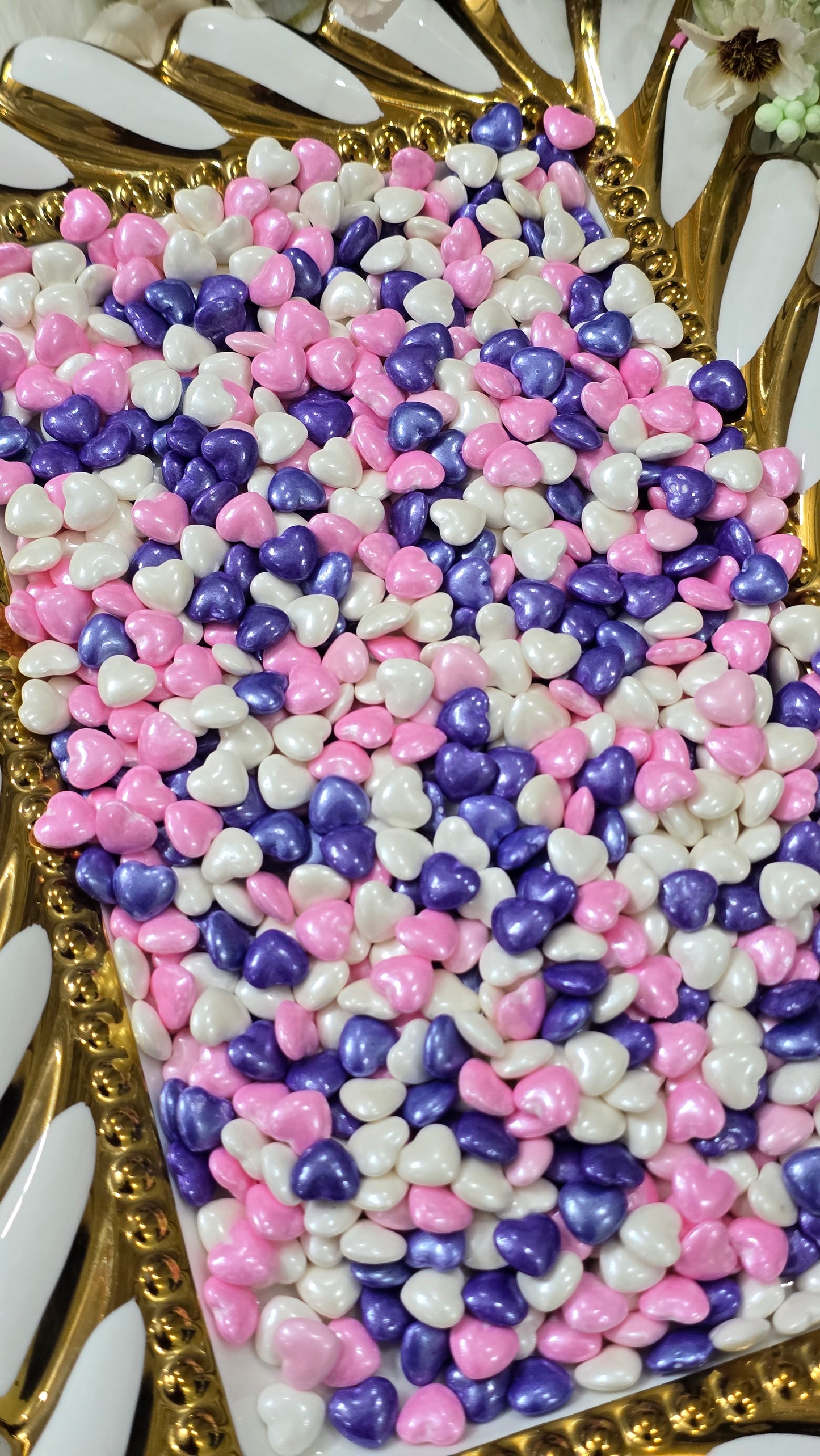 Shimmering Heart Pearl Sprinkles Mix – Lavender, Pink & White Edible Decors