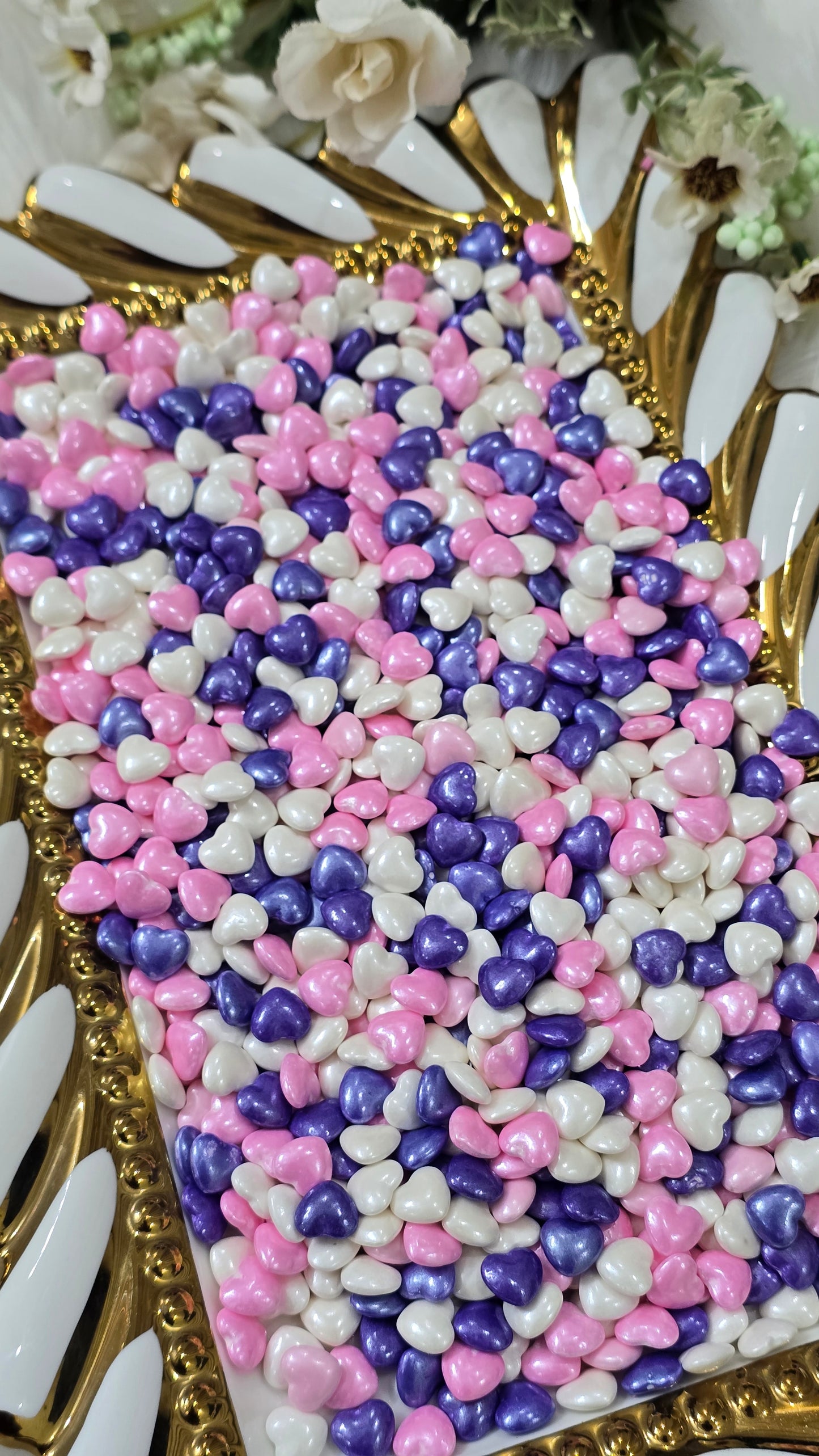 Shimmering Heart Pearl Sprinkles Mix – Lavender, Pink & White Edible Decors