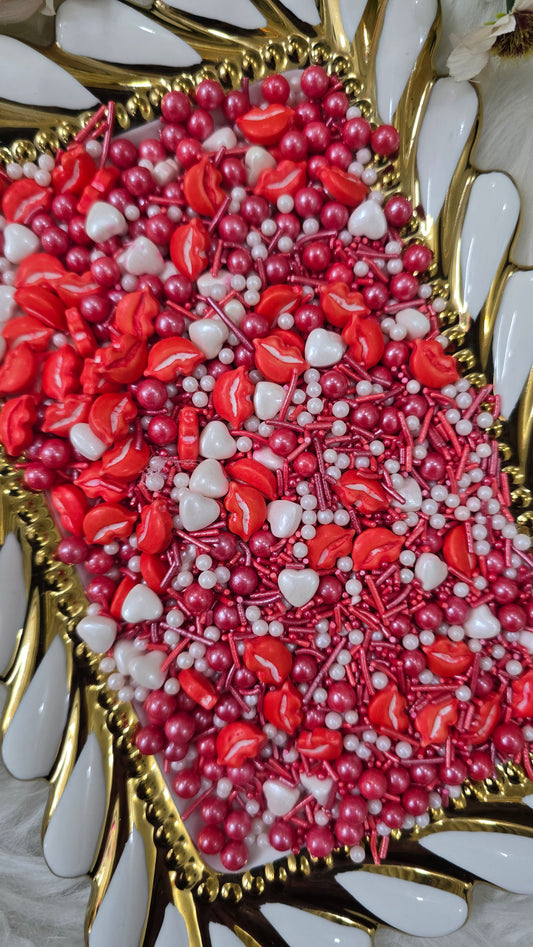 Cupid’s Kiss Sprinkle Medley – Red Lips, Hearts & Pearl Edible Cake Decorating Mix